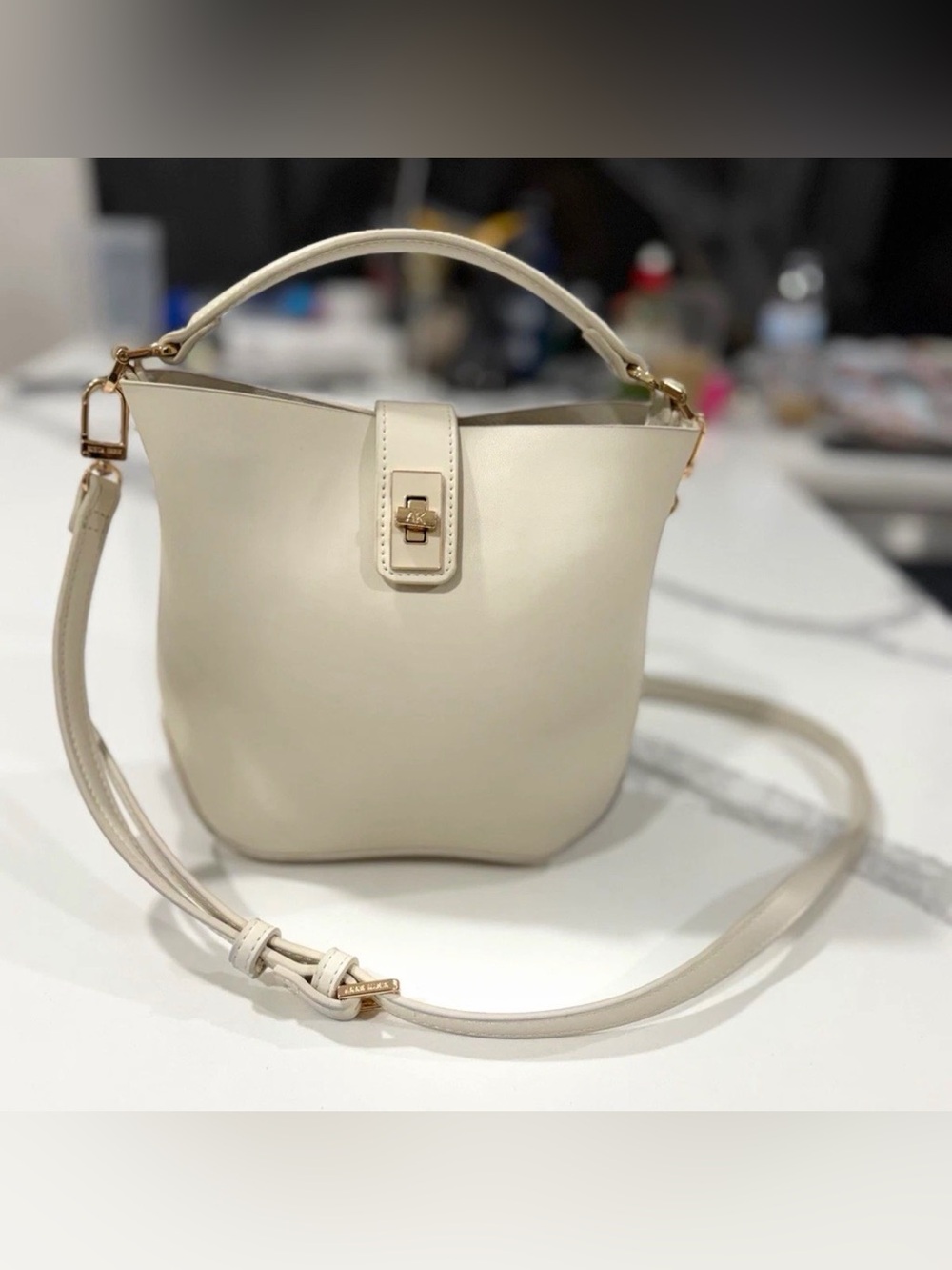 Anne Klein Ivory Bucket Crossbody Bag Small Gold Hardware Zip Closure